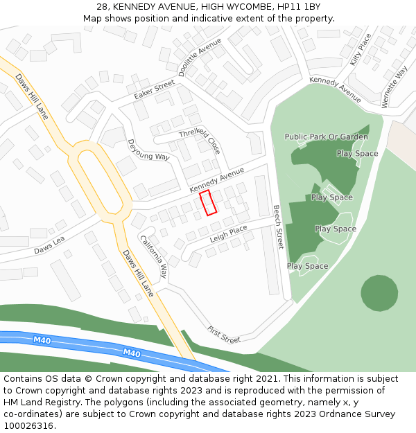 28, KENNEDY AVENUE, HIGH WYCOMBE, HP11 1BY: Location map and indicative extent of plot