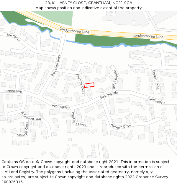 28, KILLARNEY CLOSE, GRANTHAM, NG31 9GA: Location map and indicative extent of plot