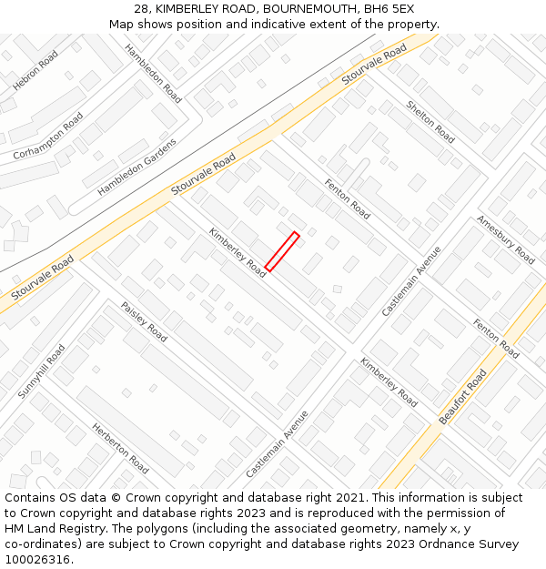 28, KIMBERLEY ROAD, BOURNEMOUTH, BH6 5EX: Location map and indicative extent of plot