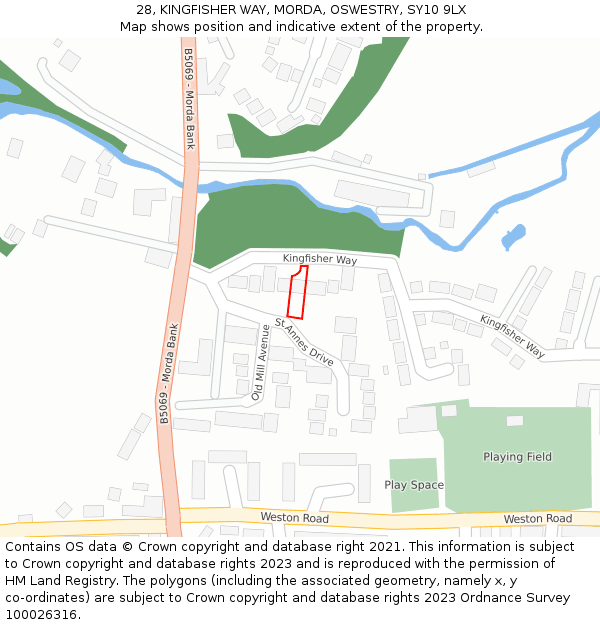 28, KINGFISHER WAY, MORDA, OSWESTRY, SY10 9LX: Location map and indicative extent of plot