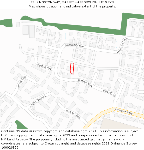 28, KINGSTON WAY, MARKET HARBOROUGH, LE16 7XB: Location map and indicative extent of plot