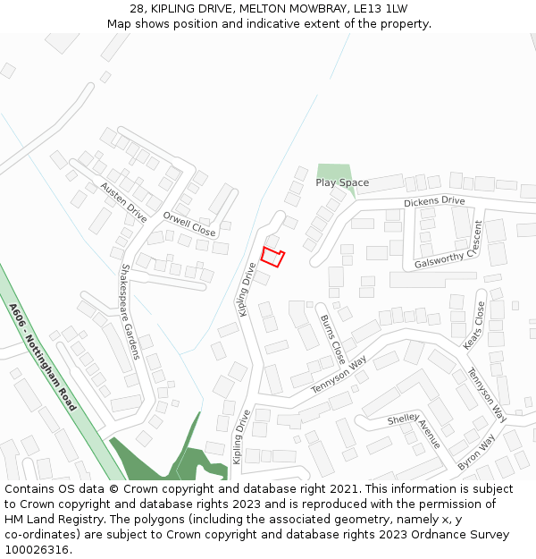 28, KIPLING DRIVE, MELTON MOWBRAY, LE13 1LW: Location map and indicative extent of plot