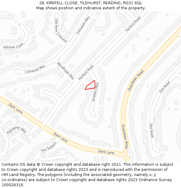 28, KIRKFELL CLOSE, TILEHURST, READING, RG31 6QL: Location map and indicative extent of plot
