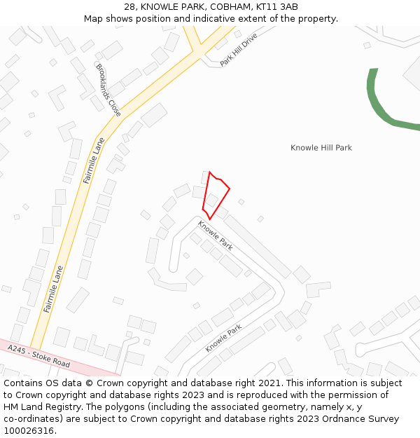 28, KNOWLE PARK, COBHAM, KT11 3AB: Location map and indicative extent of plot