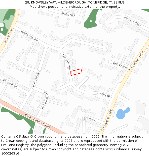 28, KNOWSLEY WAY, HILDENBOROUGH, TONBRIDGE, TN11 9LG: Location map and indicative extent of plot