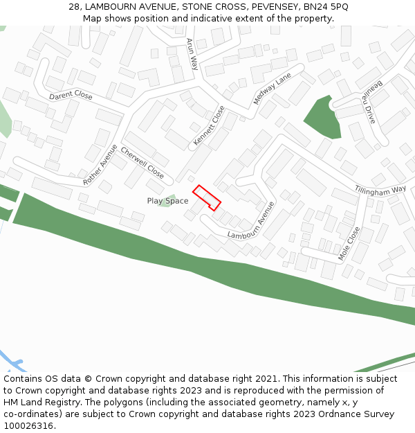 28, LAMBOURN AVENUE, STONE CROSS, PEVENSEY, BN24 5PQ: Location map and indicative extent of plot