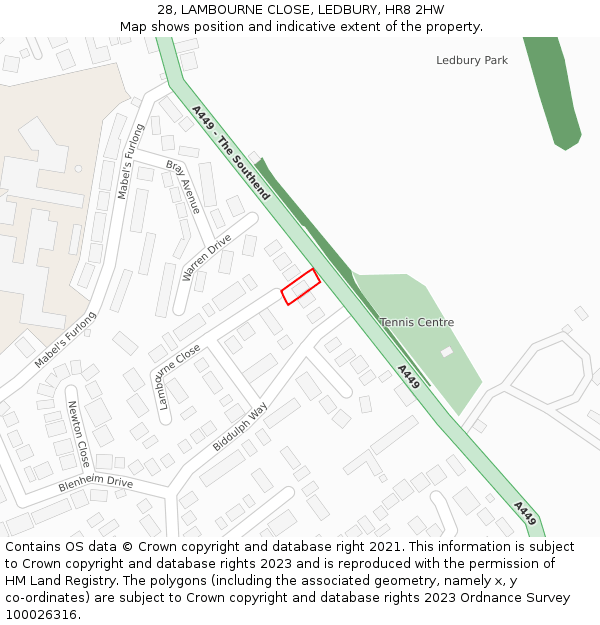 28, LAMBOURNE CLOSE, LEDBURY, HR8 2HW: Location map and indicative extent of plot