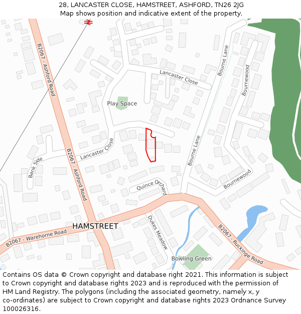 28, LANCASTER CLOSE, HAMSTREET, ASHFORD, TN26 2JG: Location map and indicative extent of plot