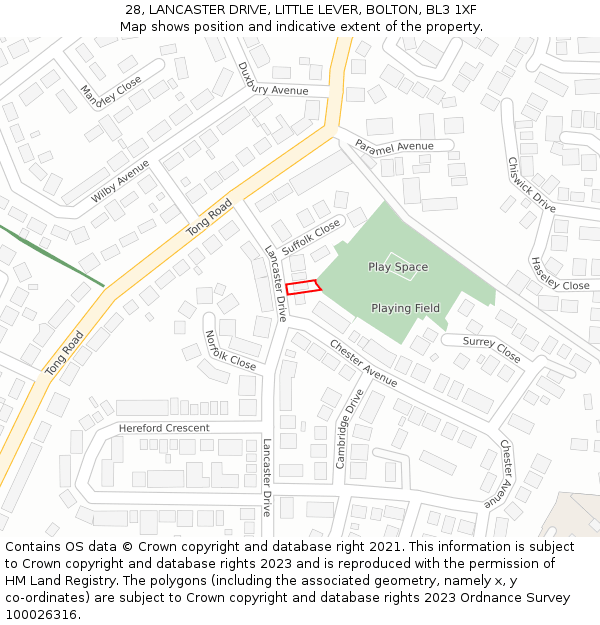 28, LANCASTER DRIVE, LITTLE LEVER, BOLTON, BL3 1XF: Location map and indicative extent of plot