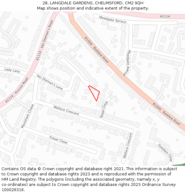 28, LANGDALE GARDENS, CHELMSFORD, CM2 9QH: Location map and indicative extent of plot