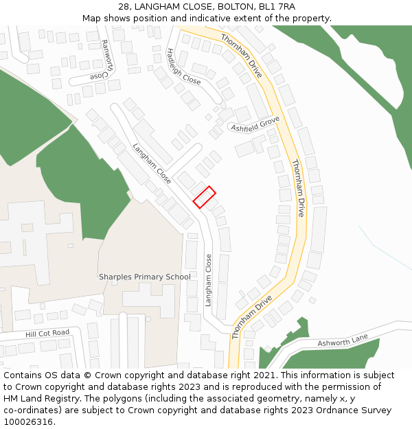 28, LANGHAM CLOSE, BOLTON, BL1 7RA: Location map and indicative extent of plot