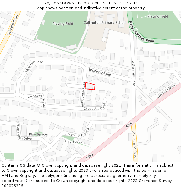 28, LANSDOWNE ROAD, CALLINGTON, PL17 7HB: Location map and indicative extent of plot