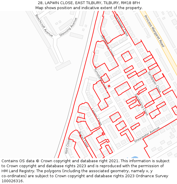 28, LAPWIN CLOSE, EAST TILBURY, TILBURY, RM18 8FH: Location map and indicative extent of plot