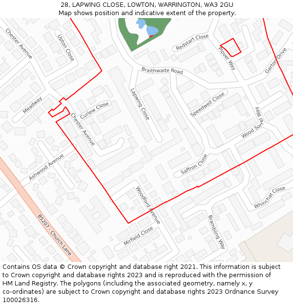 28, LAPWING CLOSE, LOWTON, WARRINGTON, WA3 2GU: Location map and indicative extent of plot
