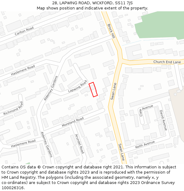 28, LAPWING ROAD, WICKFORD, SS11 7JS: Location map and indicative extent of plot