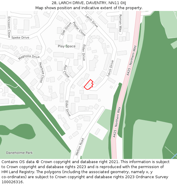 28, LARCH DRIVE, DAVENTRY, NN11 0XJ: Location map and indicative extent of plot