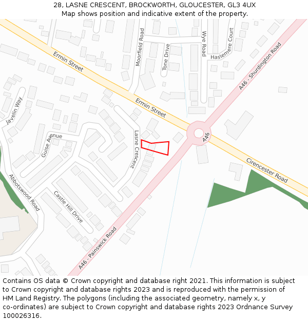 28, LASNE CRESCENT, BROCKWORTH, GLOUCESTER, GL3 4UX: Location map and indicative extent of plot