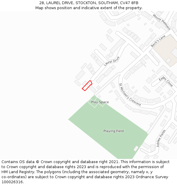 28, LAUREL DRIVE, STOCKTON, SOUTHAM, CV47 8FB: Location map and indicative extent of plot