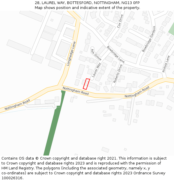 28, LAUREL WAY, BOTTESFORD, NOTTINGHAM, NG13 0FP: Location map and indicative extent of plot