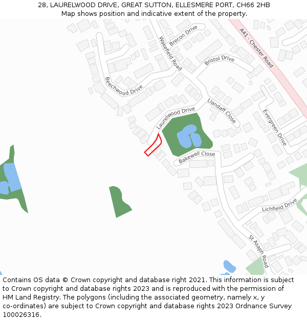 28, LAURELWOOD DRIVE, GREAT SUTTON, ELLESMERE PORT, CH66 2HB: Location map and indicative extent of plot