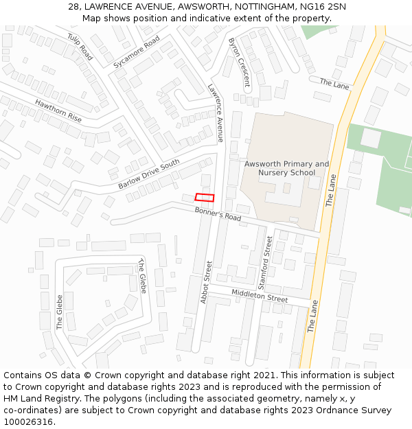 28, LAWRENCE AVENUE, AWSWORTH, NOTTINGHAM, NG16 2SN: Location map and indicative extent of plot