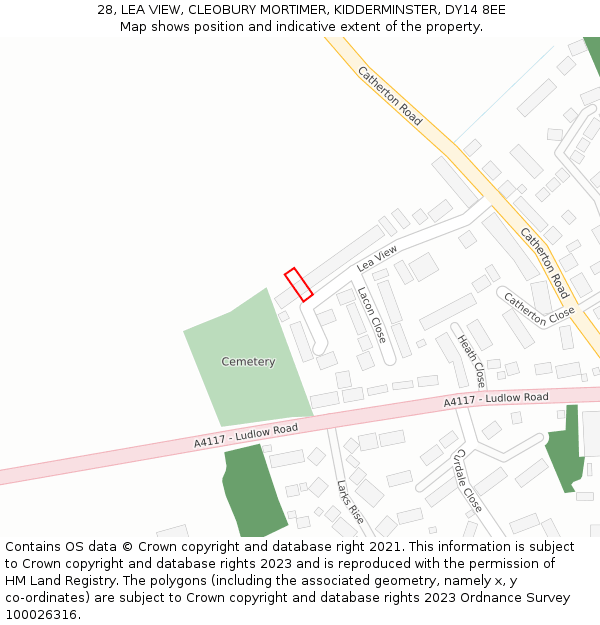28, LEA VIEW, CLEOBURY MORTIMER, KIDDERMINSTER, DY14 8EE: Location map and indicative extent of plot