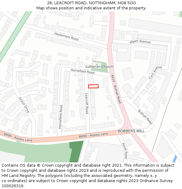 28, LEACROFT ROAD, NOTTINGHAM, NG8 5GG: Location map and indicative extent of plot
