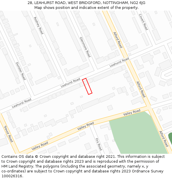 28, LEAHURST ROAD, WEST BRIDGFORD, NOTTINGHAM, NG2 6JG: Location map and indicative extent of plot