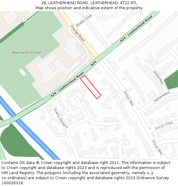 28, LEATHERHEAD ROAD, LEATHERHEAD, KT22 8TL: Location map and indicative extent of plot