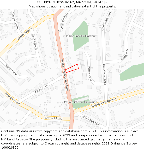 28, LEIGH SINTON ROAD, MALVERN, WR14 1JW: Location map and indicative extent of plot