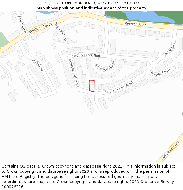 28, LEIGHTON PARK ROAD, WESTBURY, BA13 3RX: Location map and indicative extent of plot