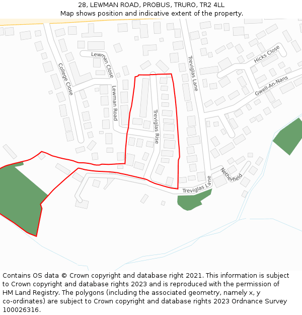 28, LEWMAN ROAD, PROBUS, TRURO, TR2 4LL: Location map and indicative extent of plot