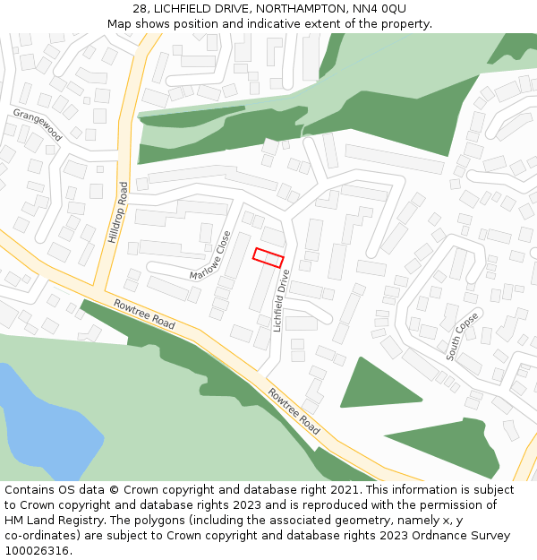 28, LICHFIELD DRIVE, NORTHAMPTON, NN4 0QU: Location map and indicative extent of plot