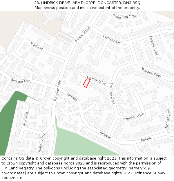 28, LINDRICK DRIVE, ARMTHORPE, DONCASTER, DN3 3SQ: Location map and indicative extent of plot