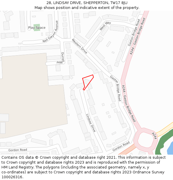 28, LINDSAY DRIVE, SHEPPERTON, TW17 8JU: Location map and indicative extent of plot