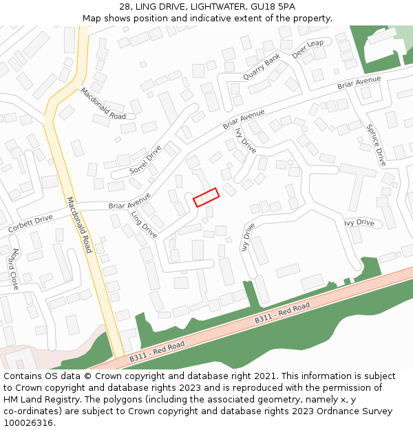 28, LING DRIVE, LIGHTWATER, GU18 5PA: Location map and indicative extent of plot