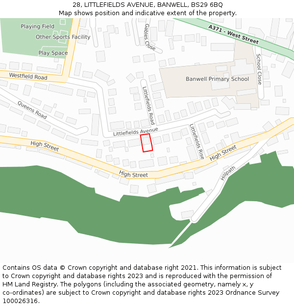 28, LITTLEFIELDS AVENUE, BANWELL, BS29 6BQ: Location map and indicative extent of plot