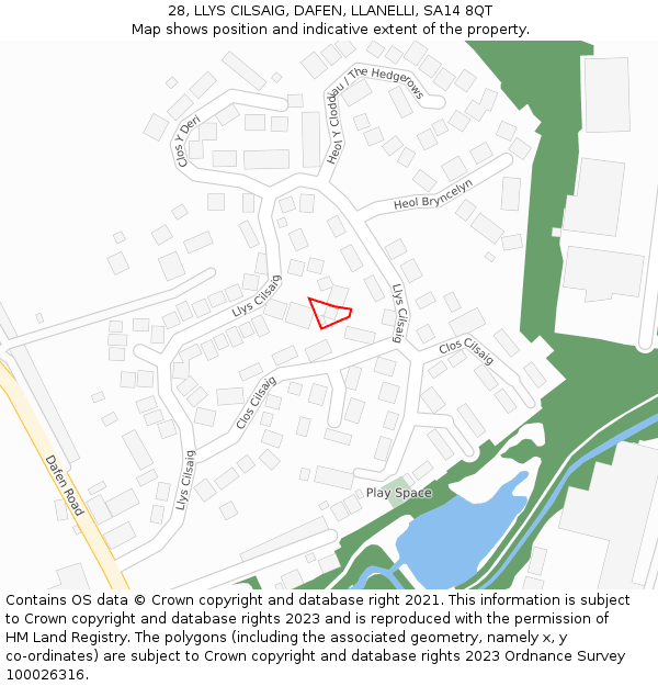 28, LLYS CILSAIG, DAFEN, LLANELLI, SA14 8QT: Location map and indicative extent of plot
