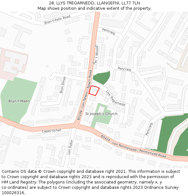 28, LLYS TREGARNEDD, LLANGEFNI, LL77 7LN: Location map and indicative extent of plot