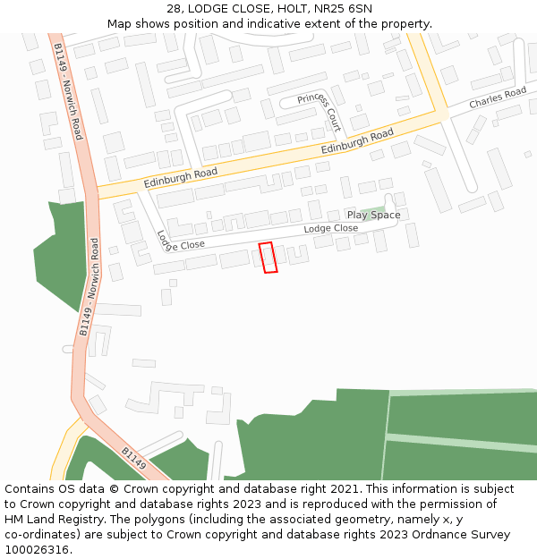 28, LODGE CLOSE, HOLT, NR25 6SN: Location map and indicative extent of plot