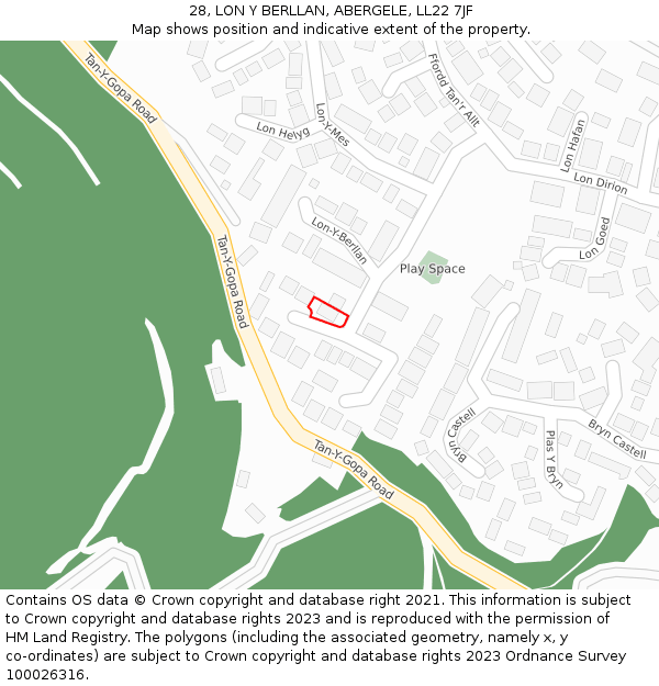 28, LON Y BERLLAN, ABERGELE, LL22 7JF: Location map and indicative extent of plot