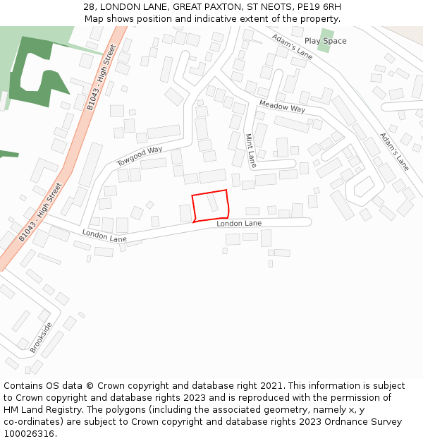 28, LONDON LANE, GREAT PAXTON, ST NEOTS, PE19 6RH: Location map and indicative extent of plot