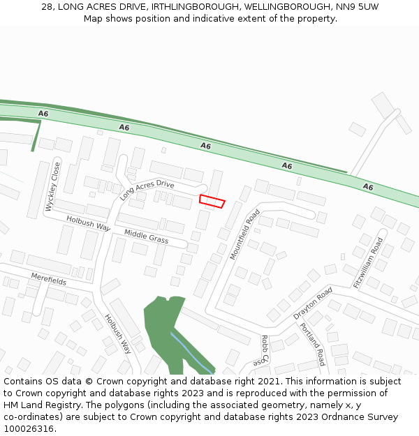 28, LONG ACRES DRIVE, IRTHLINGBOROUGH, WELLINGBOROUGH, NN9 5UW: Location map and indicative extent of plot