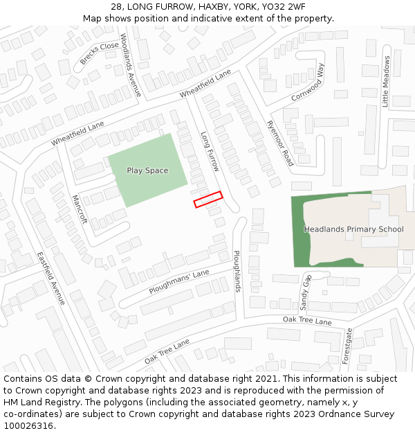 28, LONG FURROW, HAXBY, YORK, YO32 2WF: Location map and indicative extent of plot