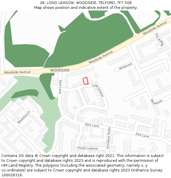 28, LONG LEASOW, WOODSIDE, TELFORD, TF7 5GE: Location map and indicative extent of plot