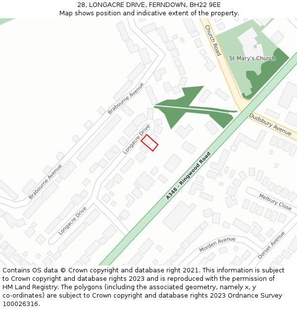 28, LONGACRE DRIVE, FERNDOWN, BH22 9EE: Location map and indicative extent of plot