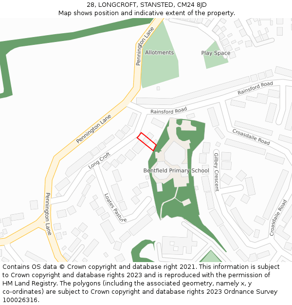 28, LONGCROFT, STANSTED, CM24 8JD: Location map and indicative extent of plot