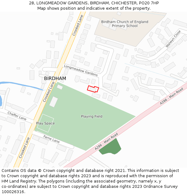 28, LONGMEADOW GARDENS, BIRDHAM, CHICHESTER, PO20 7HP: Location map and indicative extent of plot