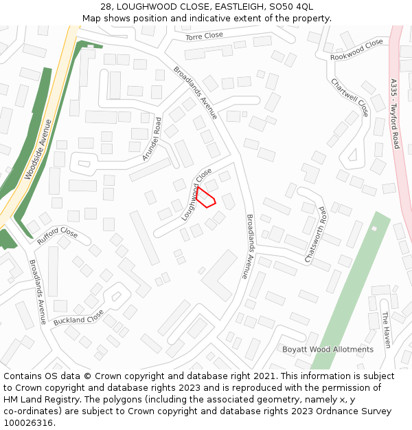 28, LOUGHWOOD CLOSE, EASTLEIGH, SO50 4QL: Location map and indicative extent of plot