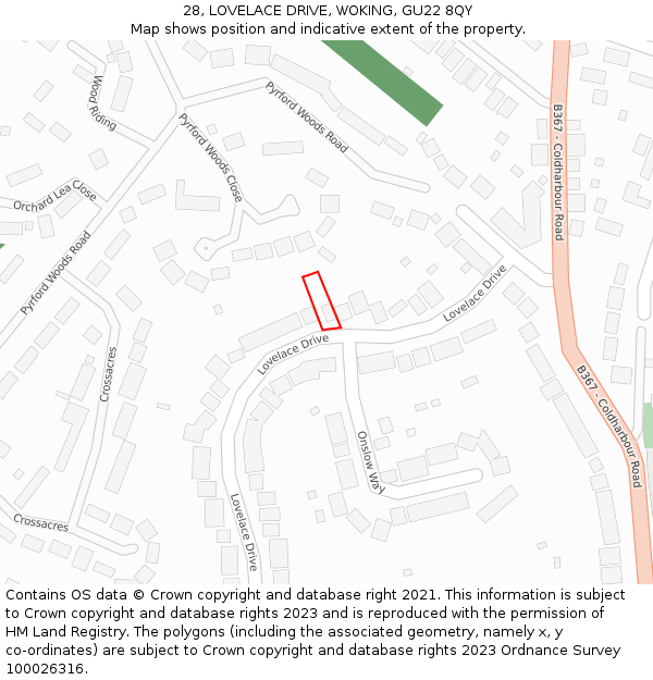 28, LOVELACE DRIVE, WOKING, GU22 8QY: Location map and indicative extent of plot